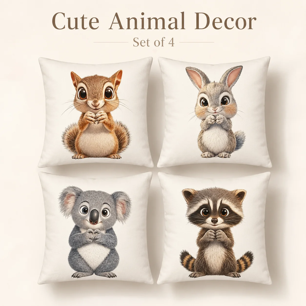 Baby Nursery Cushion - ปลอกหมอนอิงลายสัตว์น่ารักแบบ 2 มิติ พิมพ์ลายบนผ้าพีชสกิน ชุด 4