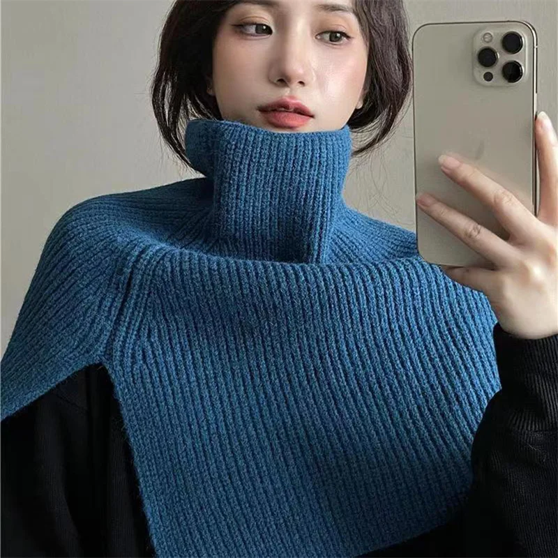 Women Scarf Autumn Winter Warm Sweater On Top Shawl High Neck Versatile Knit Solid Color Korean Stylish Split Scarfs cape﻿﻿﻿