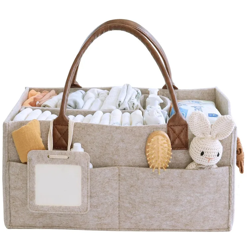 Large Capacity Diaper Bag Leather Hand-held Tote Bag Travel Portable Nursery Caddy Basket with Divided Design Diaper Organizer