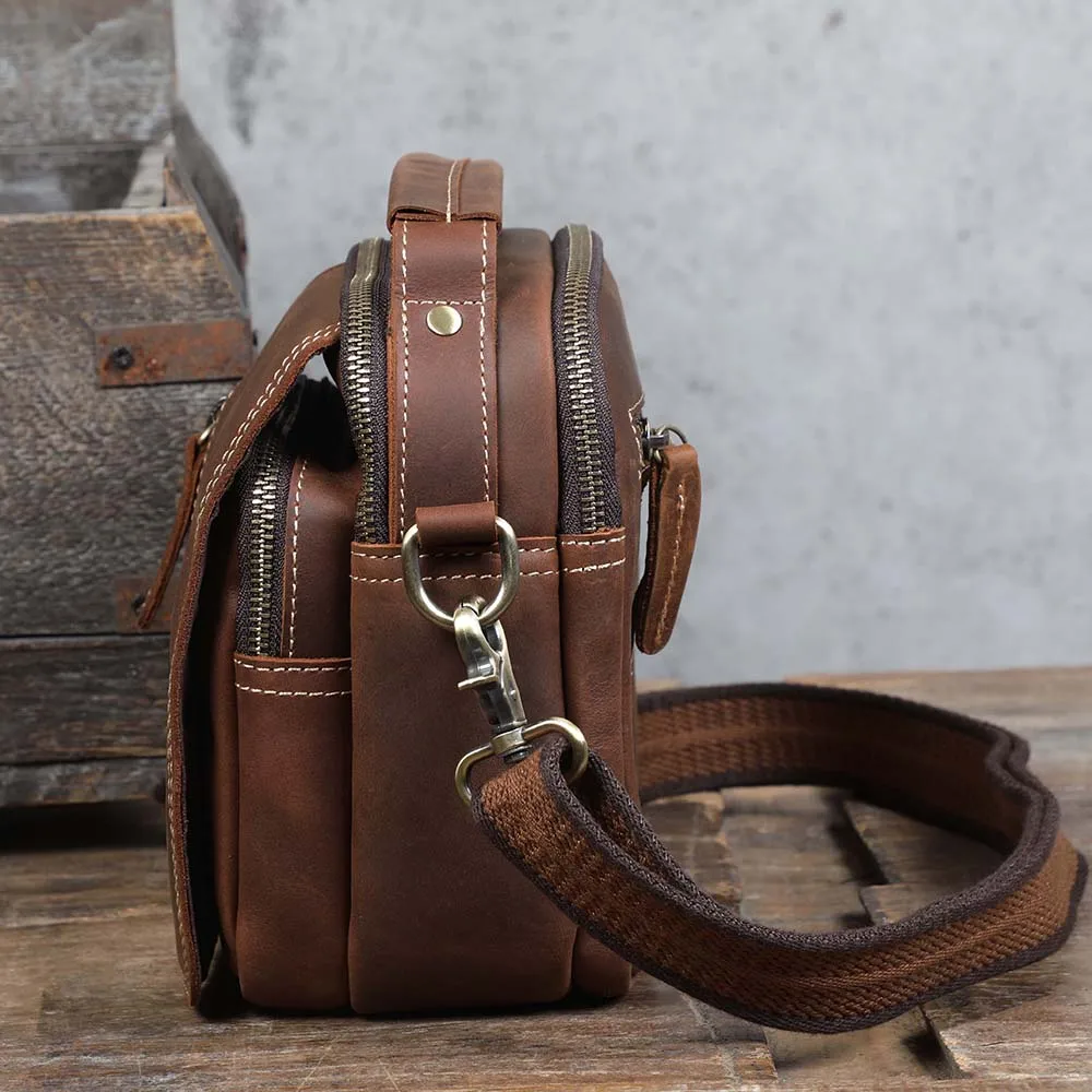 Echtes Leder Vintage Herren Umhängetaschen Crazy Horse Leder Messenger Bag Schultertasche Rindsleder Retro Mode Casual – Detail 17