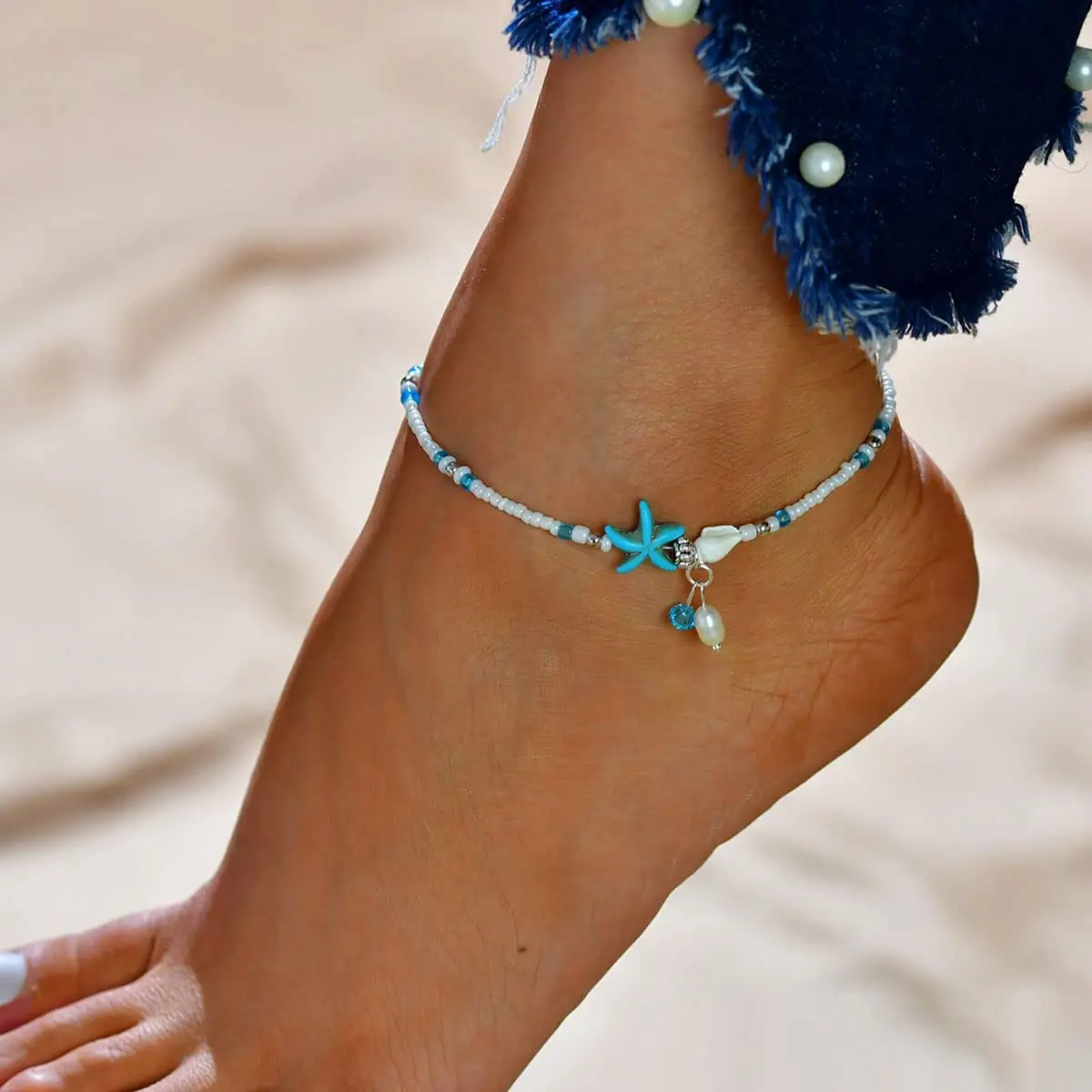 1Pc Boho Turquoise Starfish Anklets Summer Conch Rice Bead Anklet With Adjustable Chain Foot Jewelry Chain For Women And Girls