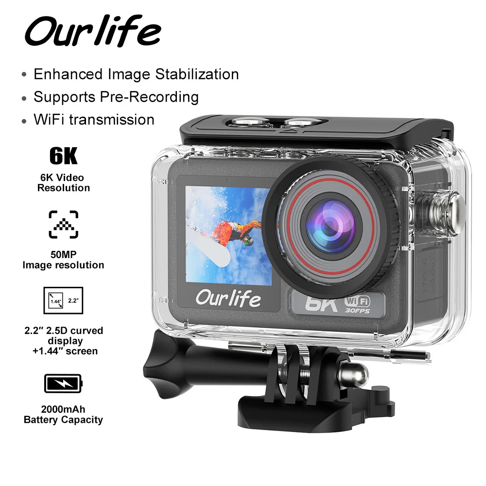 Ourlife 6K30FPS Action Camera 2.2 Inch Touch Screen 170° DVR 40M Waterproof Remote Control 5X Zoom Pre Record WiFi Sports Camera