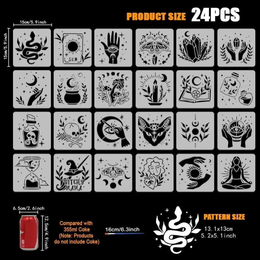 24 Pcs Witch Witchcraft Painting Stencil with Brush 5.9x5.9inch Magic Potion Fairy Ball Divination Pattern Drawing Template