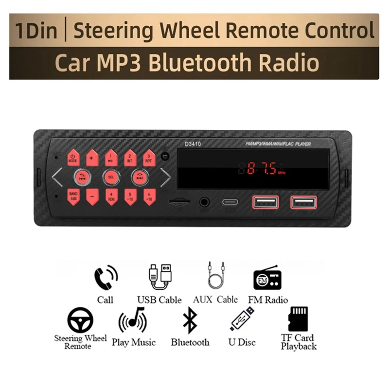 1DIN In-Dash Car Radio Stereo Digital Bluetooth Audio Music Stereo Car Player Radio MP3 Player USB/SD/AUX-In