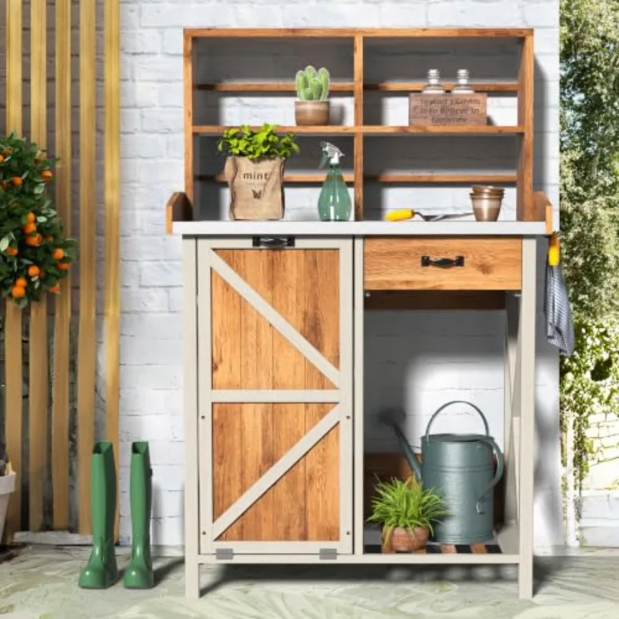 Outdoor Potting Bench with Storage, Metal Table Top Garden Work Table
