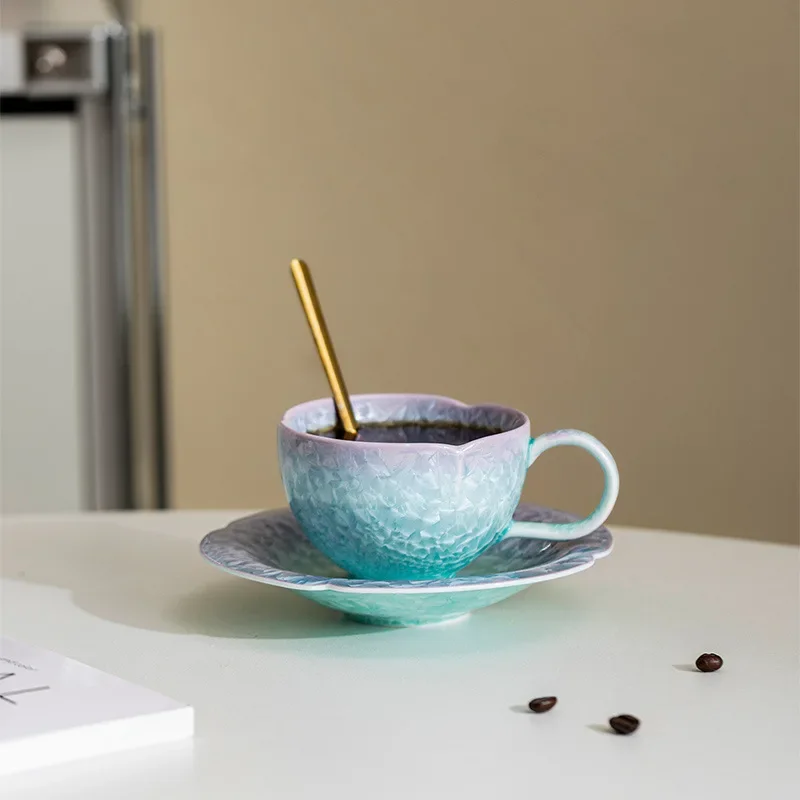 Colorful Kiln-transformed Crystallized Glaze Coffee Cup and Saucer Set Ceramic Mug Office Household Personal Drinking Cup Gift