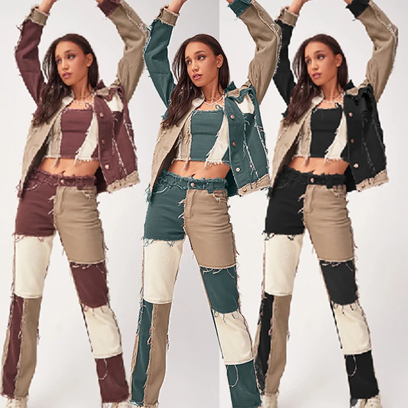 Jeans Women Denim Straight Pants Coat Vest Patchwork Trousers for Cool Girl Trendy Fashion Tassel Streetwewar High Waist Jeans