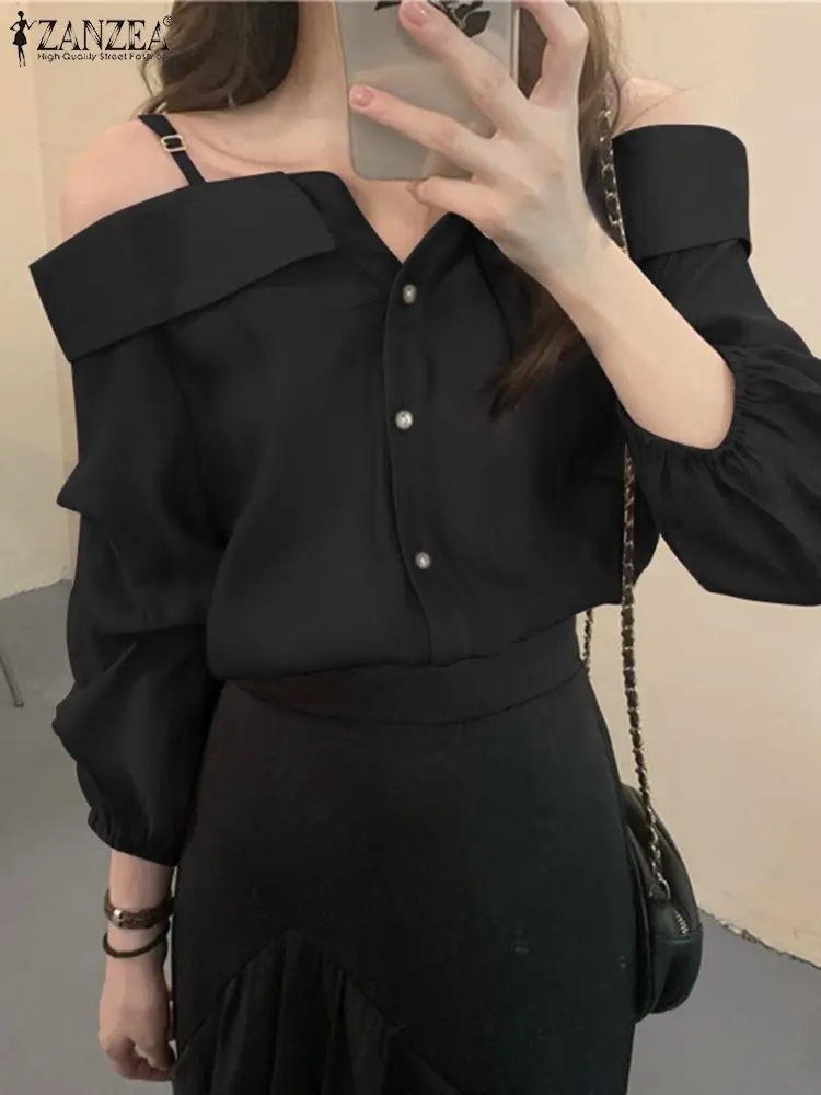 ZANZEA 2024 Fashion Shirts Women Sexy Off Shoulder Blouse Summer Tops Casual Straps Button Long Sleeve Pleated Solid Loose Tunic