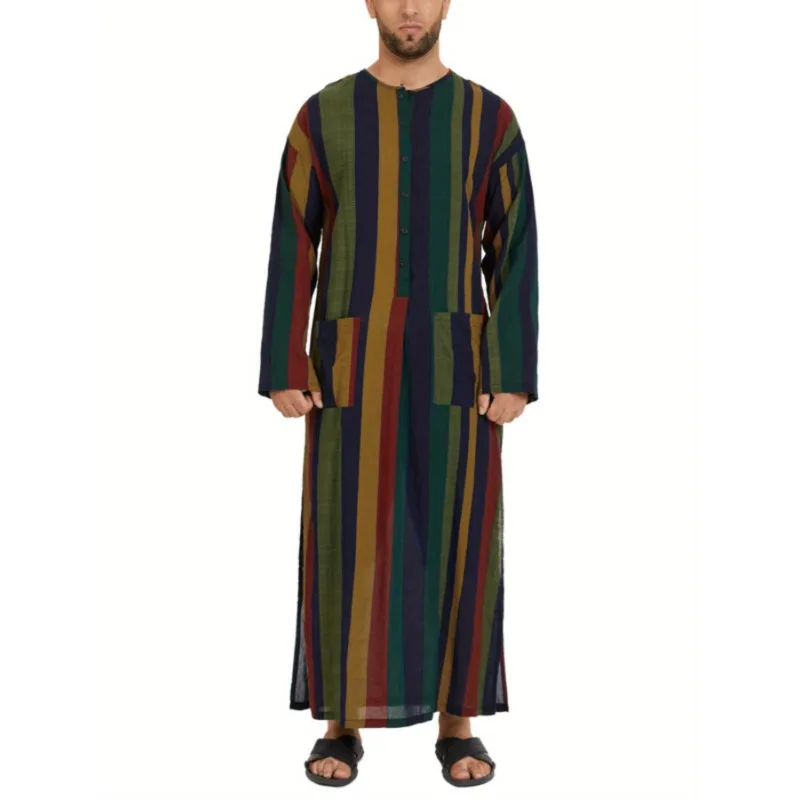 

Spring and Summer New Middle Eastern Clothing Men Ethnic Striped Print Short Sleeve Loose Shirt Jumpsuit Arab Muslim Long Robe
