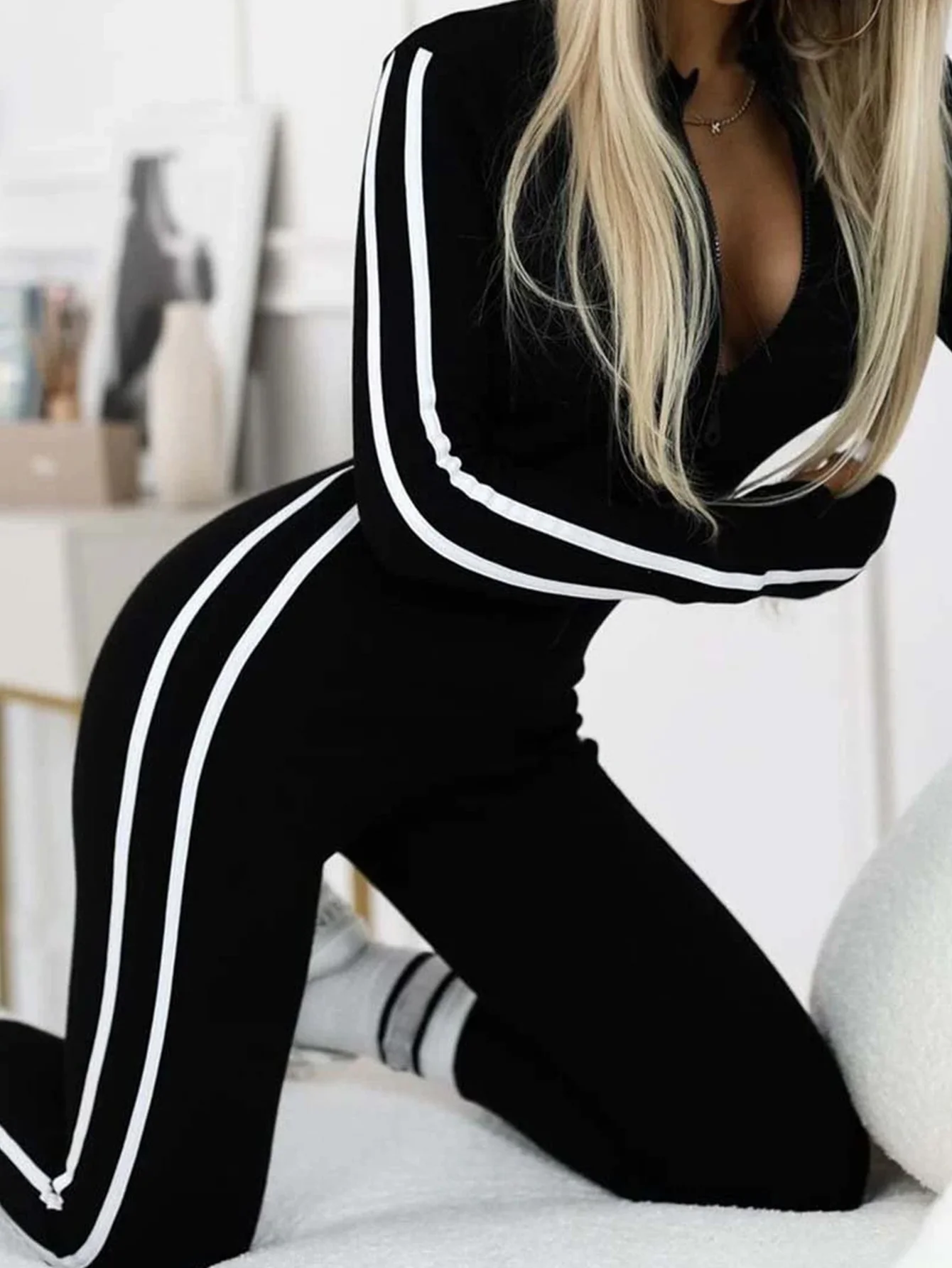 

Women's Trendy Chic Striped Jumpsuits Long Sleeve Full Length Casual Autumn Winter Fashion Daily