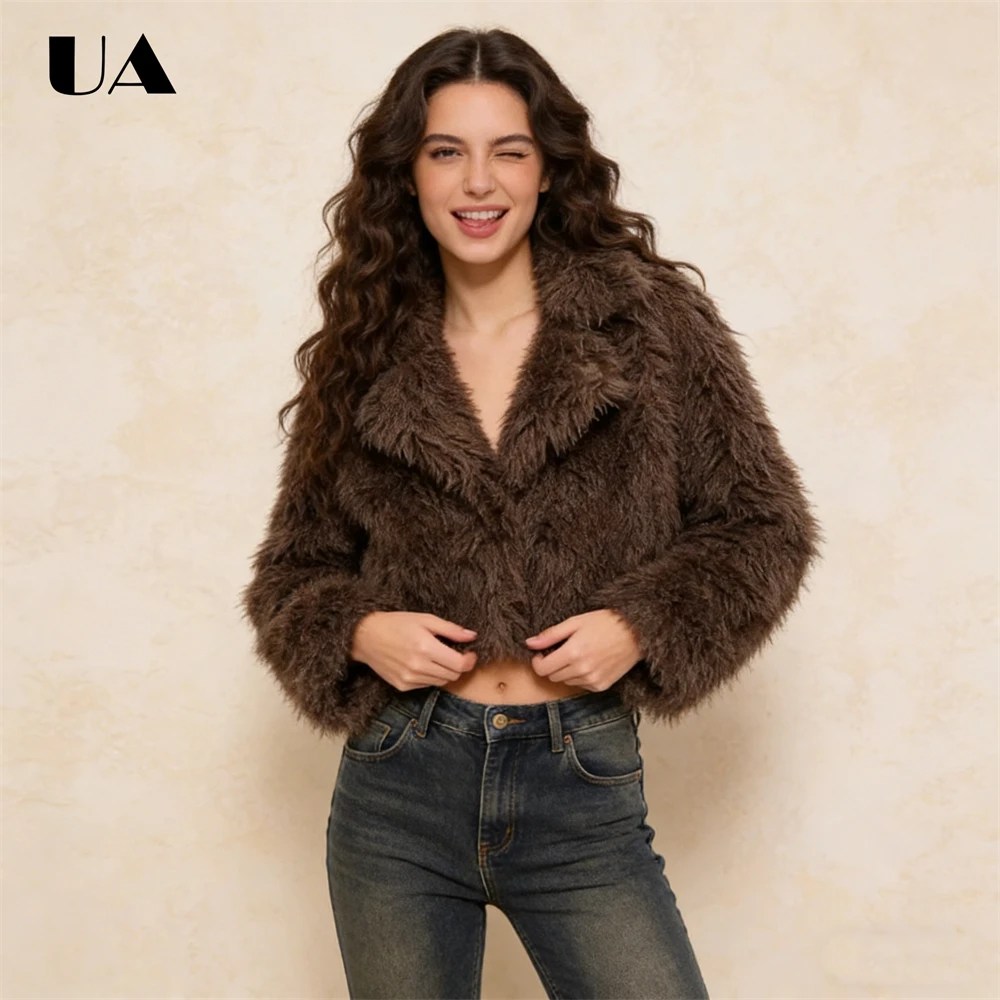 

Женский укороченный блейзер из искусственного меха с отложным воротником, теплая зимняя куртка с длинными рукавами, шикарное повседневное короткое пальто, пушистая верхняя одежда для повседневной носки и вечеринок