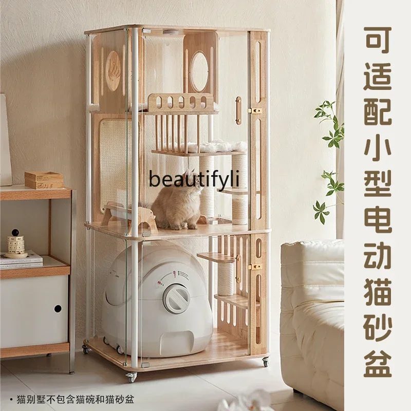 

smt03 ss03 Solid wood panoramic cat villa can put automatic cat litter box tempered glass wooden indoor cat litter