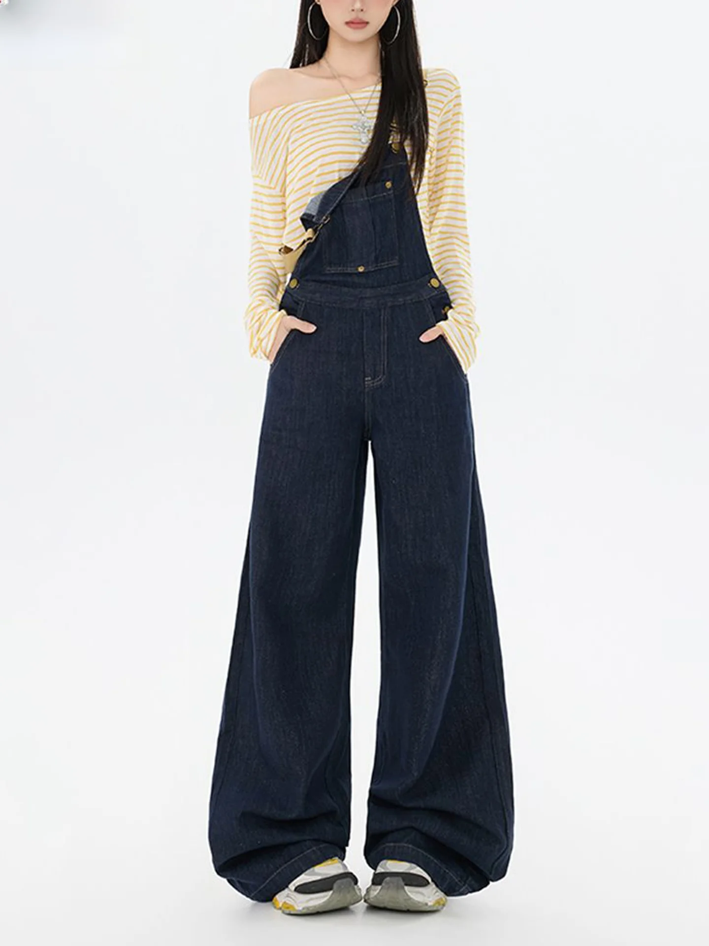 

Американский свободный крой, джинсовые комбинезоны с высокой талией, женские темно-синие повседневные широкие комбинезоны, осеннее новое поступление