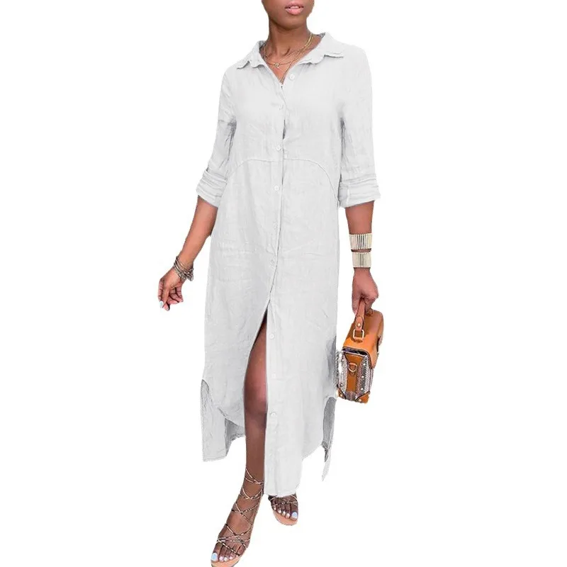 2024 Summer Women's Cotton and linen shirt Collar Button Back Long Dress Solid Color turn down casual Long Maxi Dresses