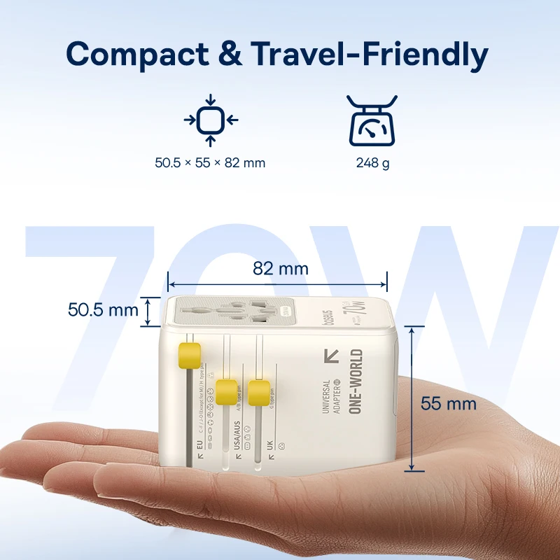 Uniwersalny adapter podróżny Baseus 70W GaN 2 gniazda AC 1 USB 2 porty Type C z wysuwanym kablem, szybka ładowarka EU UK US AUS 6-w-1 — zdjęcie produktu 5