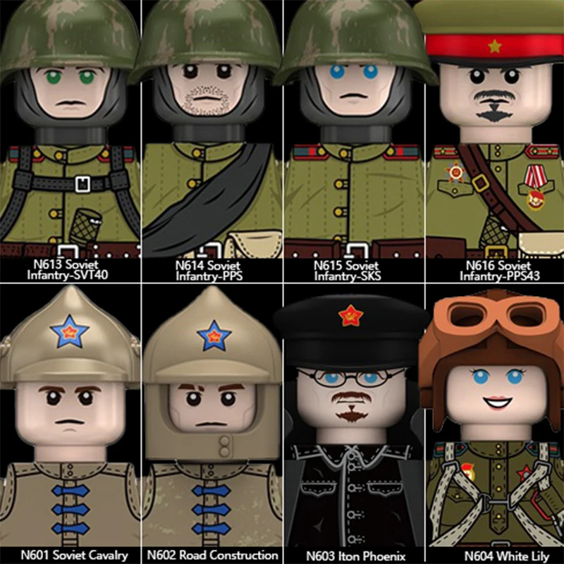 MOC WW2 Military Soviet Soldiers Figures Red Army PPS Infantry Weapons Helmets Guns Cavalry White Lily Coat Bricks Toy Boys Gift