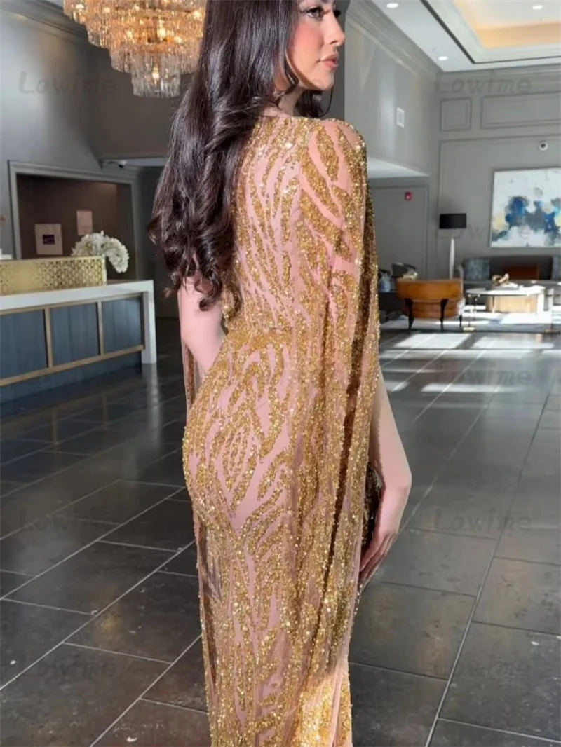Gold Beaded Glitter Sequins Evening Dress Arabic Dubai Cape Sleeves Mermaid Celebrity Dresses Customized Formal Prom Party Gowns