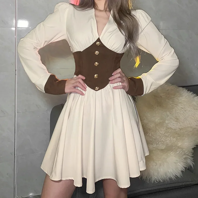 Medieval style renaissance dress 2024 New Fashion women long sleeve V neck short skirt spring summer fall white-apricot sexy