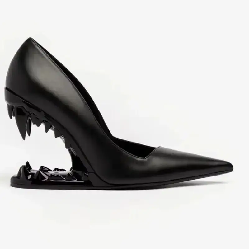 

Wedges High Heels Pointed Closed-Toe Women Pumps Black Silver Leather Single Shoes Female Fashion Show Style Metal Teeth Shape