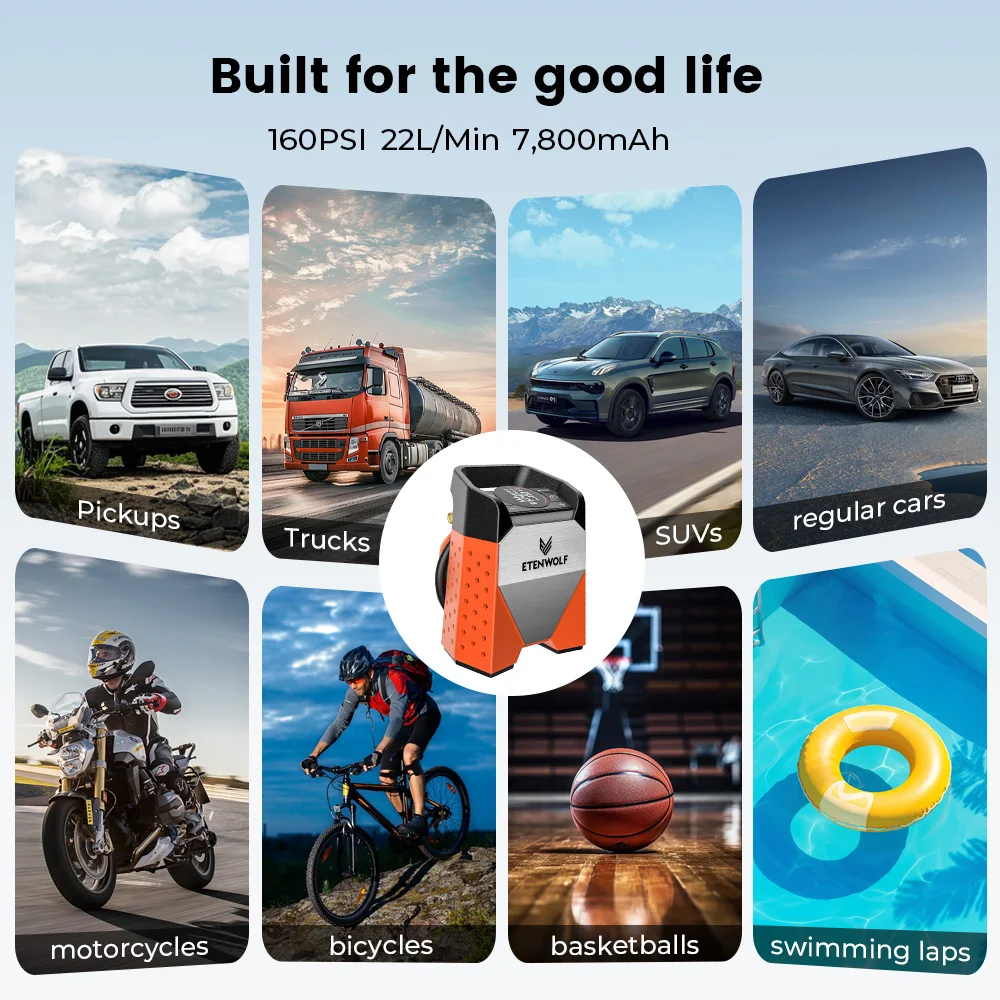ETENWOLF ZEPHYR S3C Portable Air Compressor 100% Duty Cycle Car Tire Inflator 7800mAh for Cars, Motorcycles, Bicycles Balls image 3
