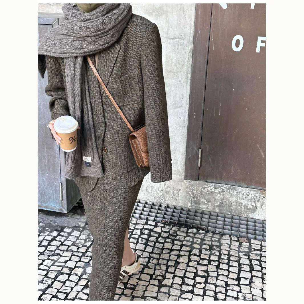 

OWI Ретро уличная одежда в клетку с юбкой, костюм, повседневный хлопковый твид, мужская верхняя одежда, модный зимний комплект пальто