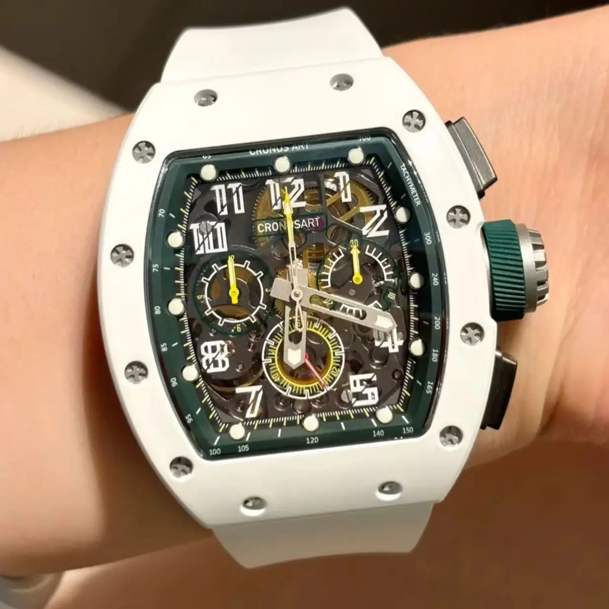 CRONUSART Men Chronograph Watch Tonneau Automatic Mechanical Wristwatch Luminous Sapphire Mirror Waterproof FKM Strap Skeleton