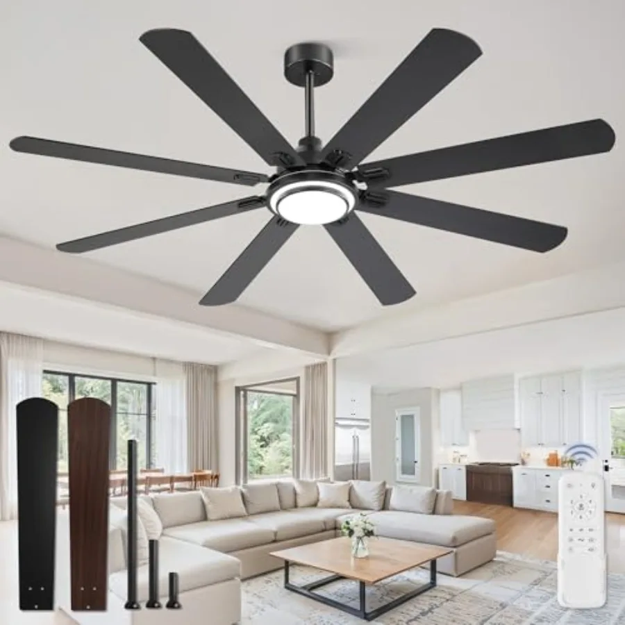 Indoor/Outdoor 72 Inch Ceiling Fan with Light and Remote, Black Metal Fan with 8 Dual-Color Blades, Reversible DC Motor, 6-Spee