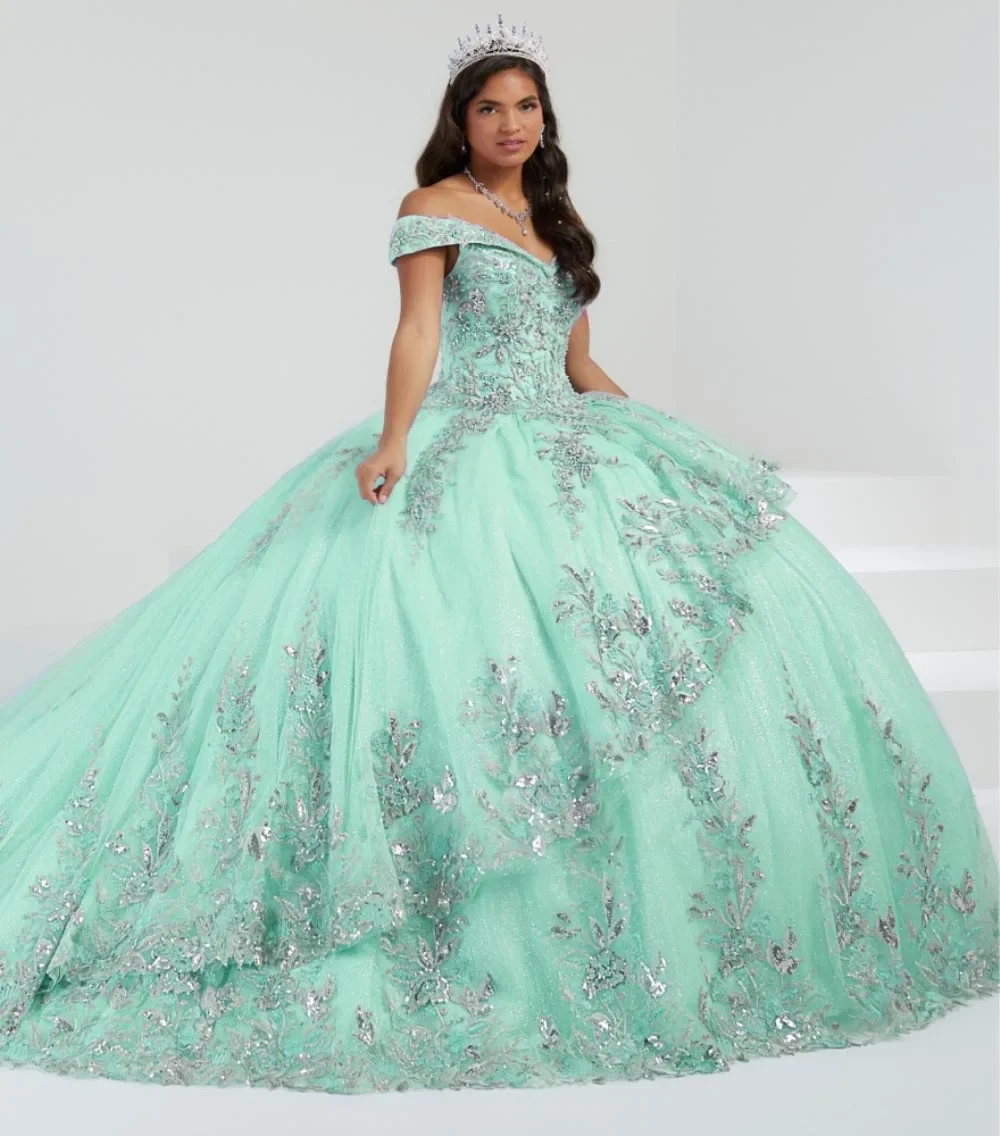 Sparkly Lace Sequined Quinceanera Dresses for Girls Off Shoulder Chapel Train Prom Evening Gowns Custom Vestidos de Festa Longo