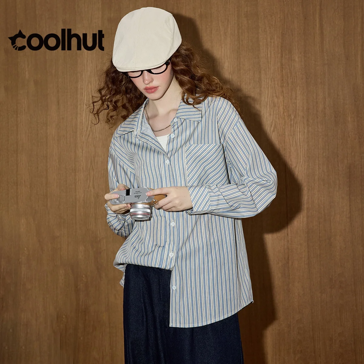 

COOLHUT Design, женская корейская винтажная рубашка в полоску с длинным рукавом, свободная посадка, многослойная повседневная осенняя блузка, минималистичная