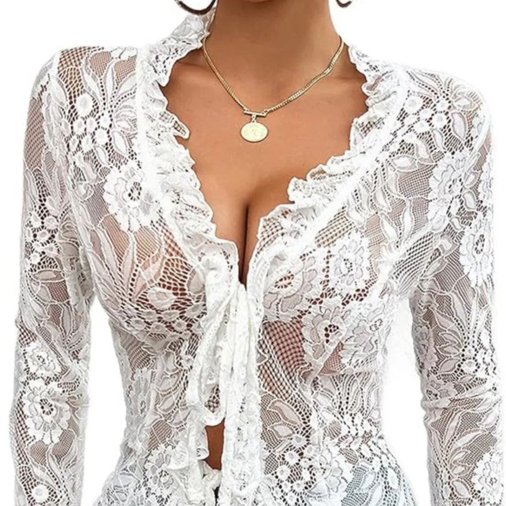 

Lace New Shirt Fashionable Spring Summer Solid Color Casual Sexy Transparent Embroidery Elegant Long Sleeves V-neck Lace-up Tops