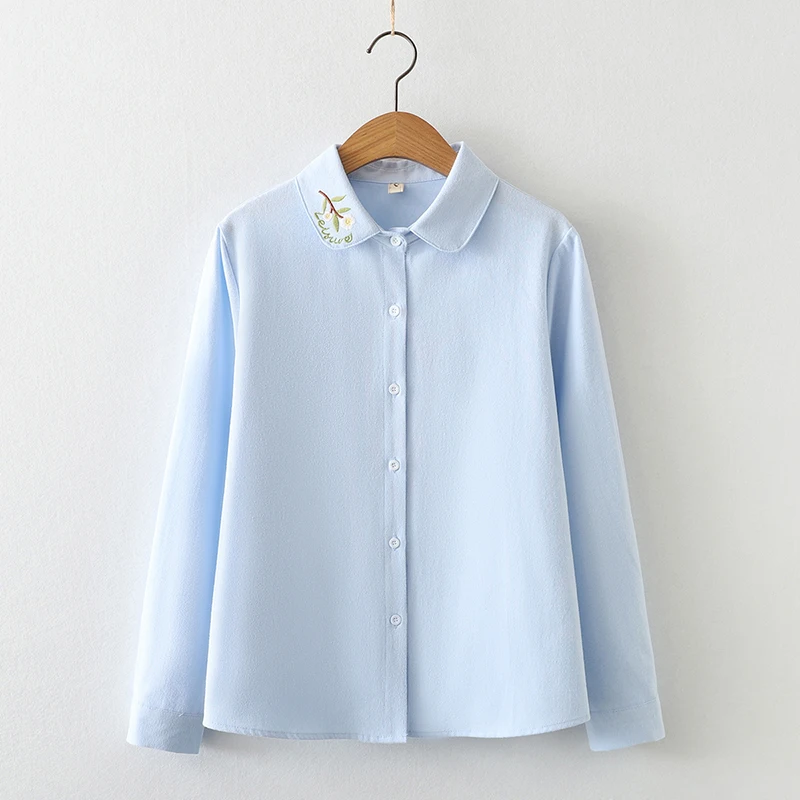 Collar Embroidery Cotton Shirt Women Tops 2023 New Casual Loose White Blue Ladies Long Sleeve Blouse Fresh Preppy Lady Clothes