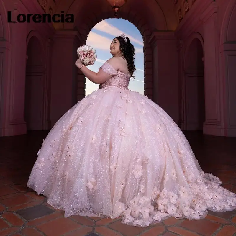 

Lorencia Mexican Pink Shiny Charro Quinceanera Dress Beading Lace Flower Beads Corset Sweet 16 Dress Vestidos De 15 Años YQD582