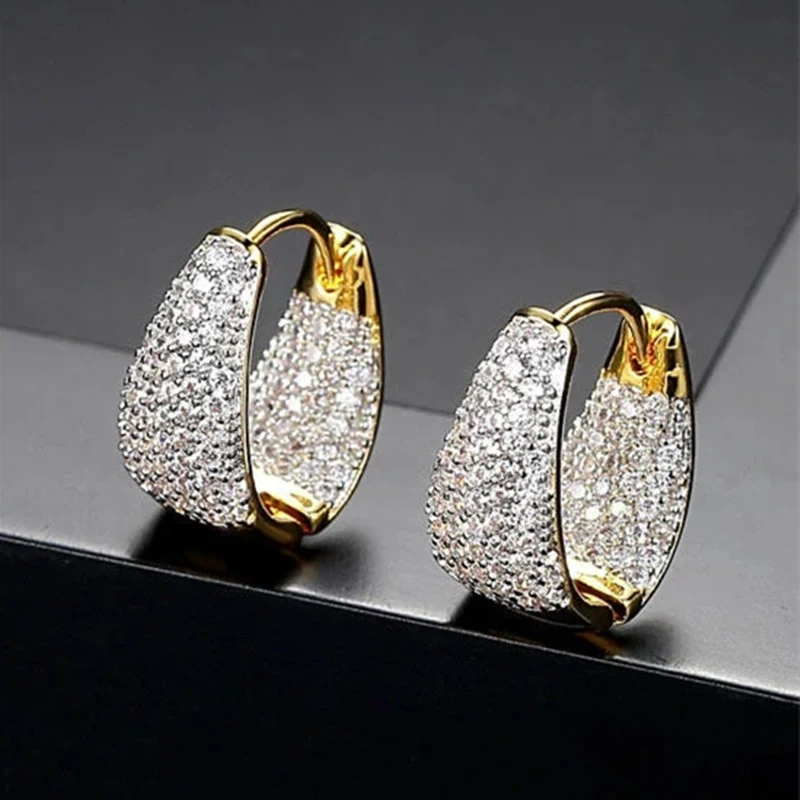 Huitan Luxury Women's Hoop Earrings Two Tone Cubic Zirconia Circle Earrings Wedding Party Temperament Elegant Lady Trend Jewelry