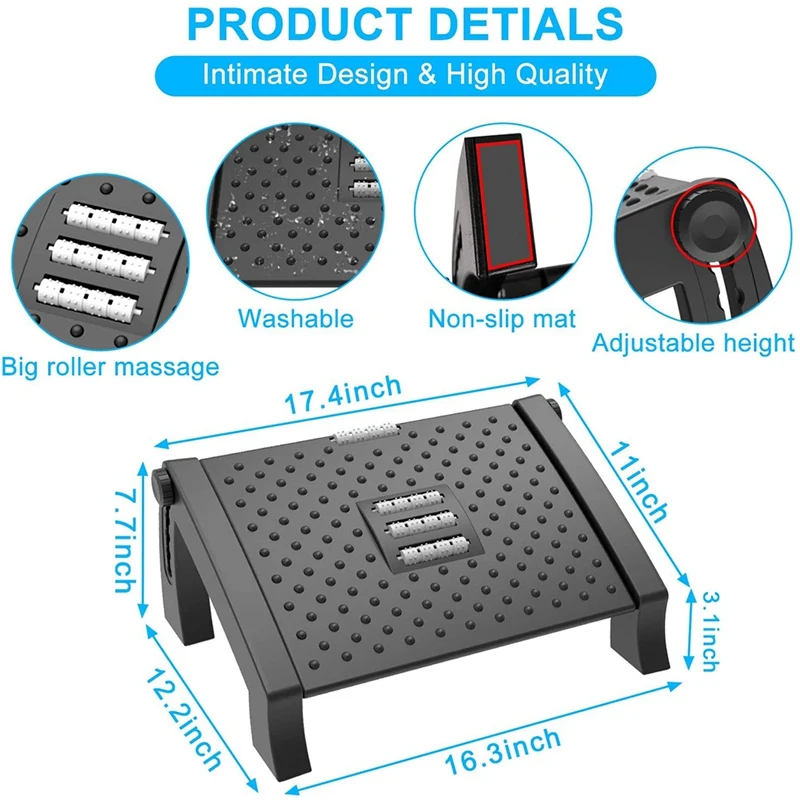 Adjustable Footrest, Desk Footrest With Massage Function, Non-Slip Foot Stools Great For Home & Office Accessories