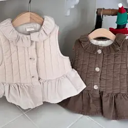 Autumn Winter New Boy Girl Baby Solid Sleeveless Cardigan Cotton-padded Vest Children Flounce Casual Tops Kid Cotton Waistcoat