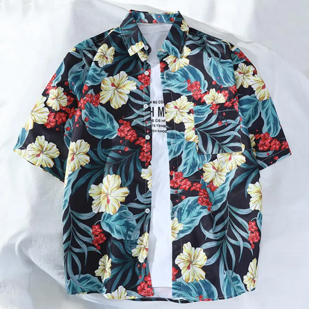 Boys Casual Shirt Short Sleeved Couple Shirt Casual Quarter Sleeved Shirt Hong Kong Style Chic Hawaii Flower Shirts Beach Shirts