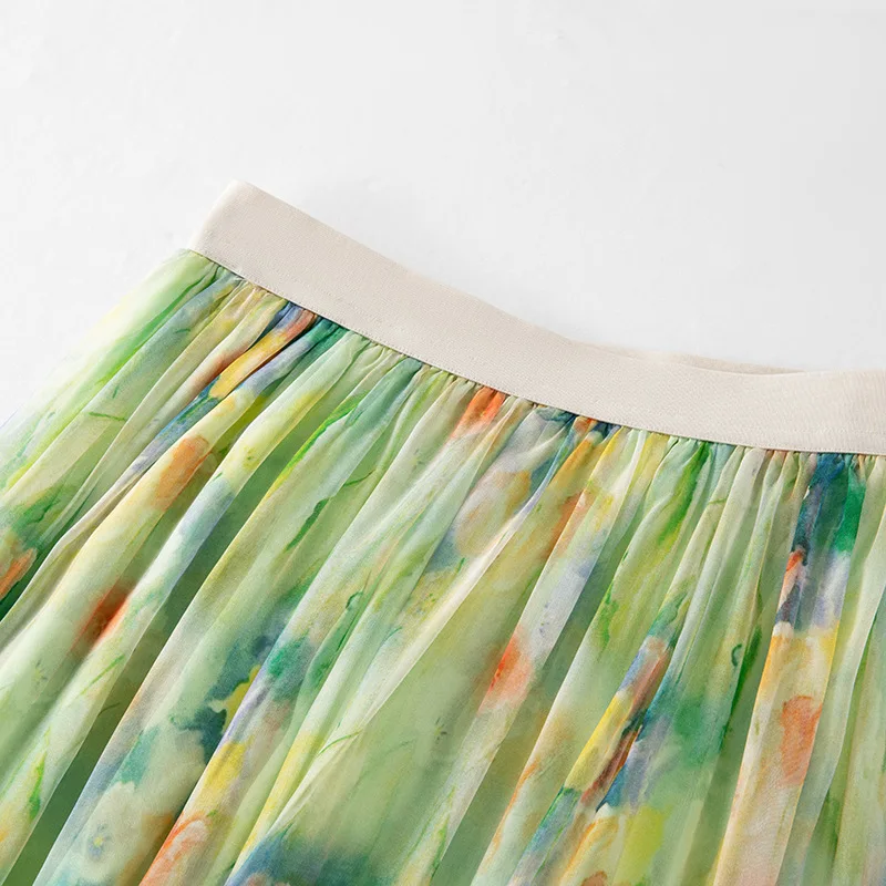Winsleter-8MM 100%Silk Elegant Skirts, Elastic Waist Print, Women Beach Vacation Party Thin A-line Skirt, 2026 Autumn B67070CC