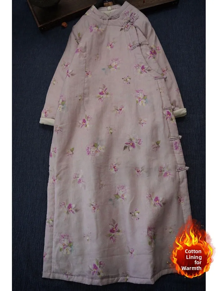 

Warm Cotton Linen Long Sve Print Dr Large Size Women's Side Buttoned Gown A-Line Skirt Chinese Sle Winter D...