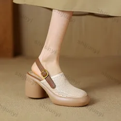 Sandalias de plataforma gruesa huecas Vintage para mujer, zapatos de hebilla de suela gruesa suave, sandalias antideslizantes de playa a la moda, novedad de verano