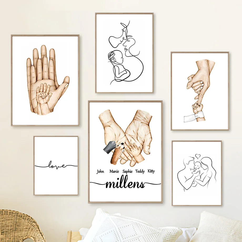 Family Hands Posters And Prints Personalized Name Birthday Gift Wall Art Line Canvas Painting Modern Children's Room Home Decor