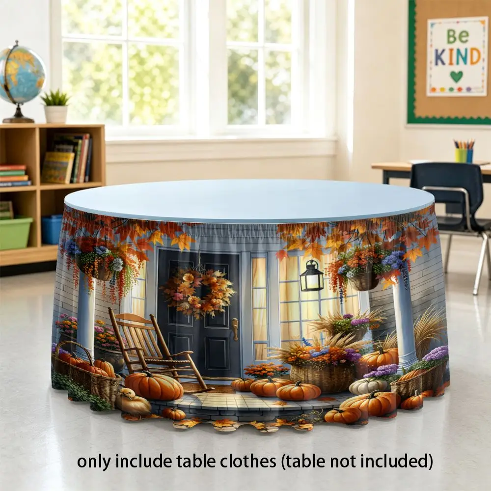 2D multi-functional tablecloth, round table cover, autumn harvest porch scene print, pumpkin rocking chair garland design