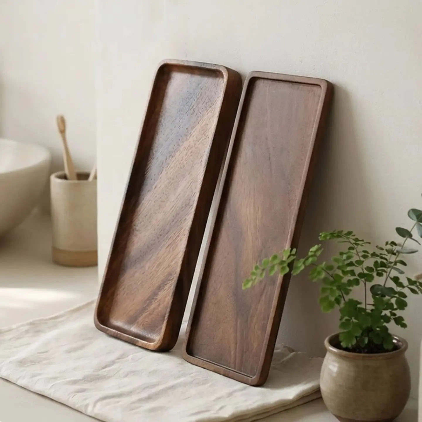 Solid Wood Walnut Tray Bathroom Vanity Organizer Rectangular Wooden Storage Tray for Sink Countertop Decor
