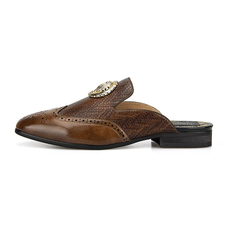 Men Brown Loafers Slip-On Slippers with Gold Emblem Formal Dress Shoes for Men Wedding Party Footwear Big Size