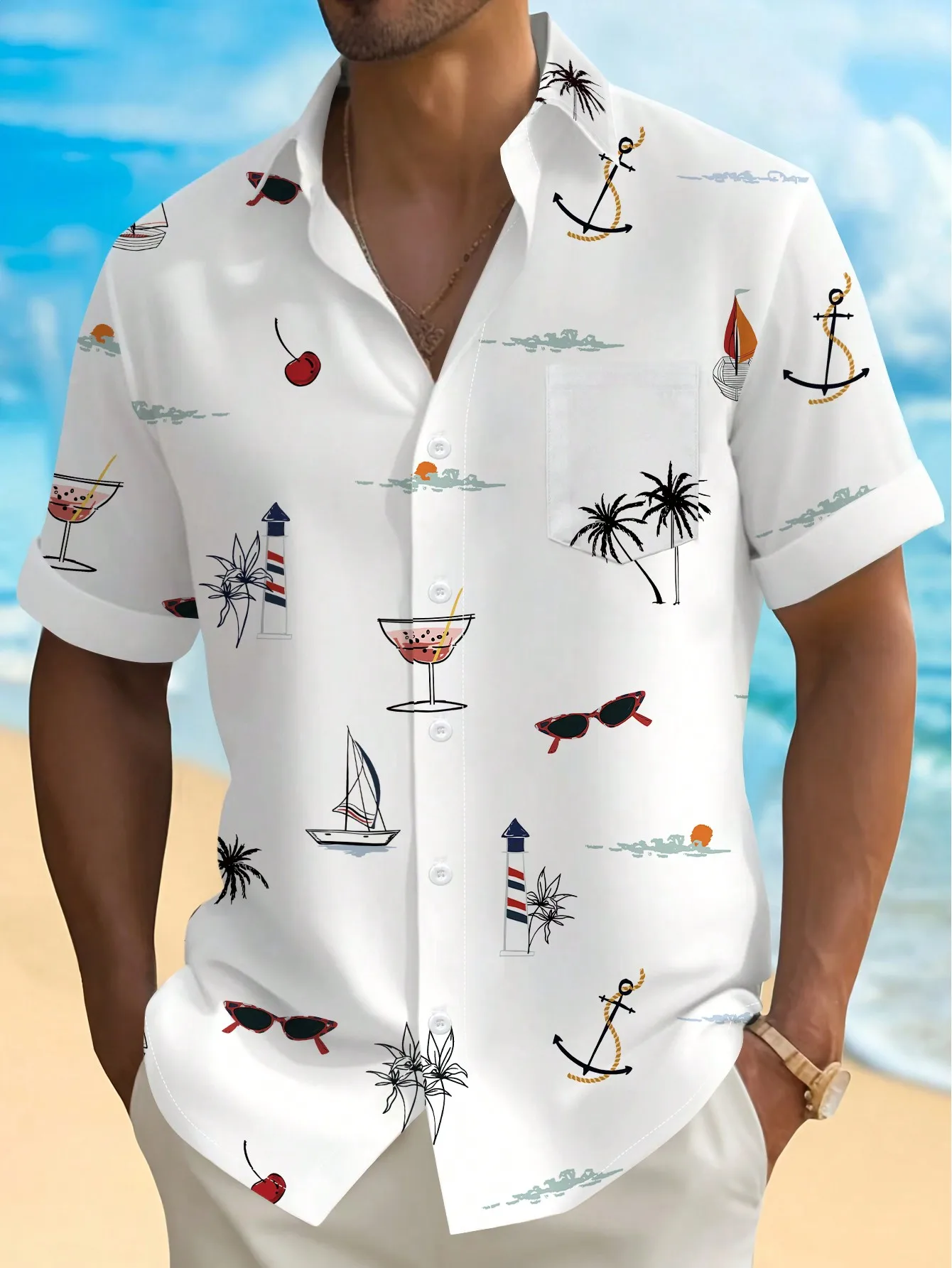 

Men's Short Sleeve Button-Up Shirt with Nautical & Tropical Print, Casual Beach Style