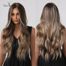 ALAN EATON Medium Brown Long Wavy Wig Synthetic Hair Wigs for Women Female African American Mixed Blonde Highlight Wigs Cosplay