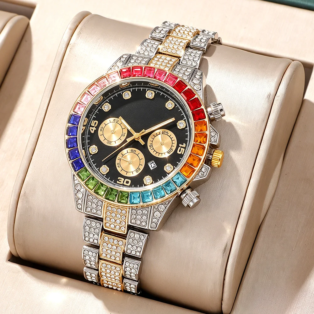 Fashionable Rhinestone Men's Watch, Stainless Steel Strap, Three Eye Calendar Quartz Watch, Hip-hop Style Multifunctional Watch