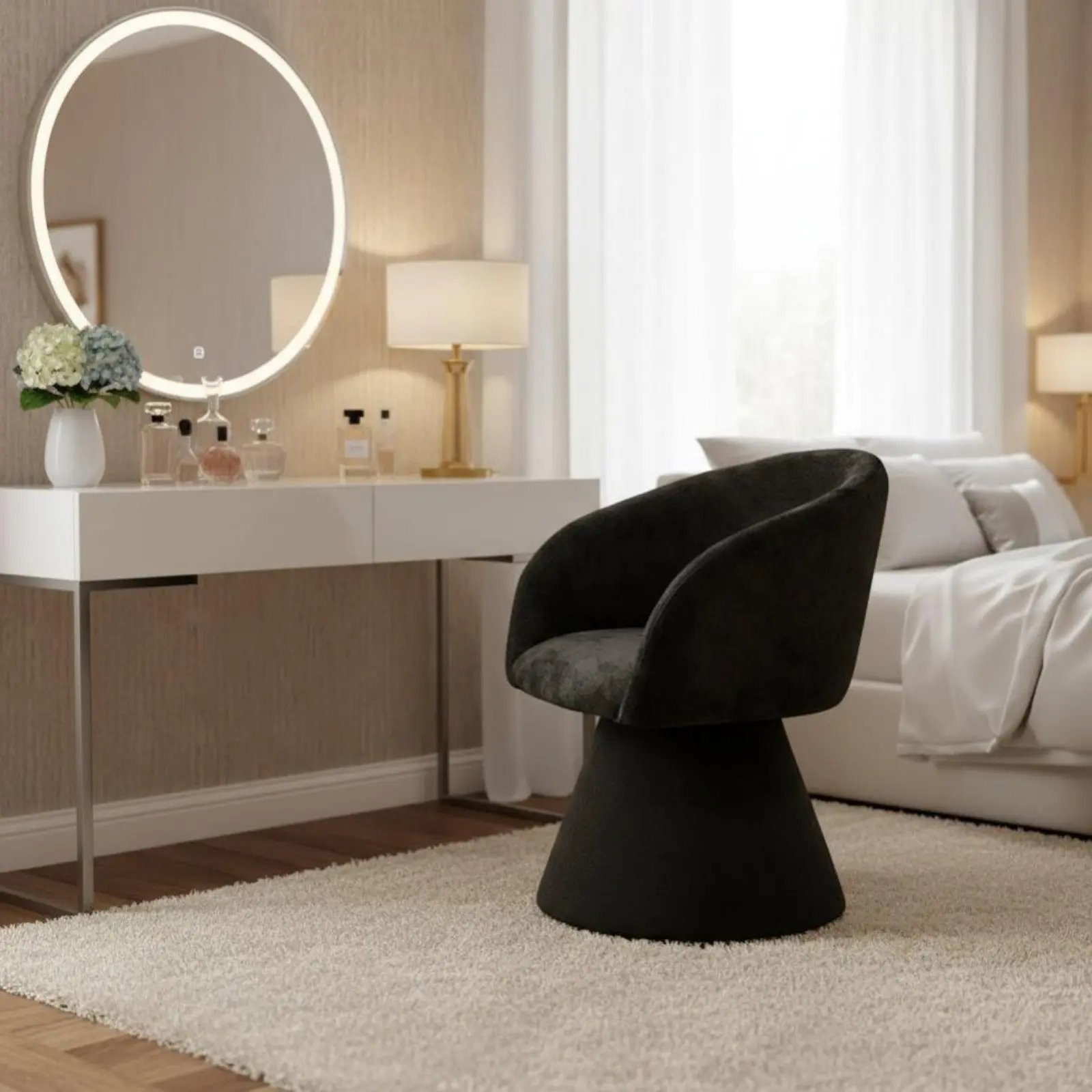 Italian Minimalist Bedroom Vanity Chair, Rotating Makeup Stool, Upholstered, Round Backrest, Modern Luxury, Ergonomic, for Women view 5
