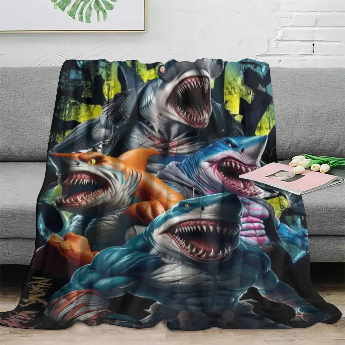 Ultimate Scary Shark Crew Throw Blanket Coastal Nautical Beach Art Print Jungle Graphic Bed Cover for Kids Boy Gift Home Decor