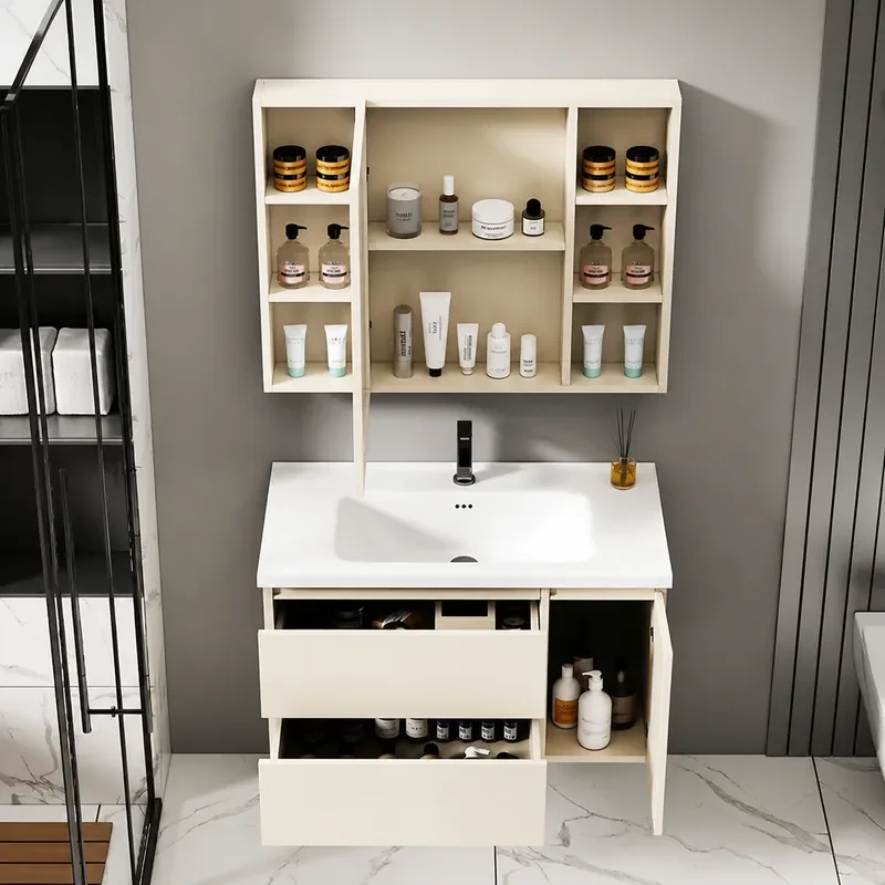 Simple Cream Style Thickened Honeycomb Aluminum Bathroom Cabinet with Ceramic Integrated Basin Toilet Washbasin Vanity Unit