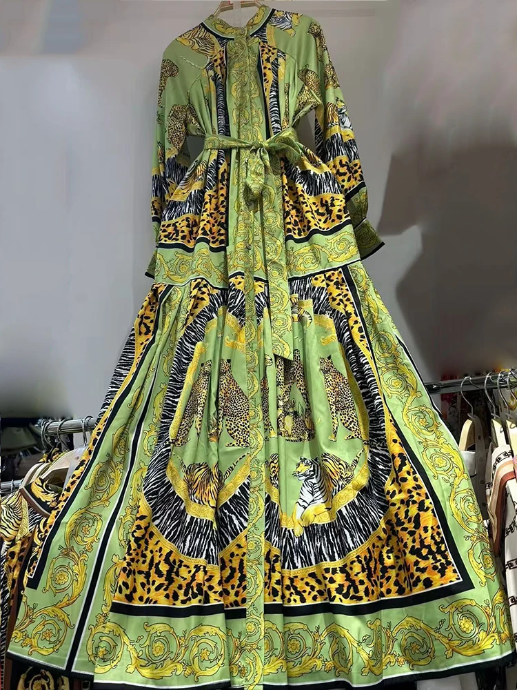 Gonna camicia in vita legata con colletto rialzato con stampa geometrica retrò 2025 gonna soffice da donna autunnale abito lungo ampio alla moda